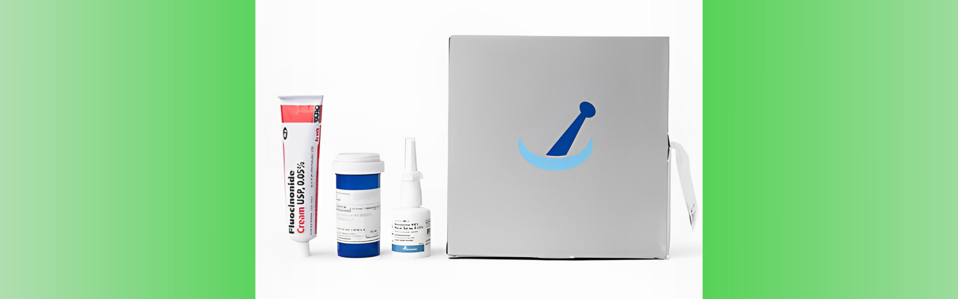 A collection of medical items including a tube of fluocinonide cream, a blue prescription bottle, a nasal spray, and a gray box with a blue logo.